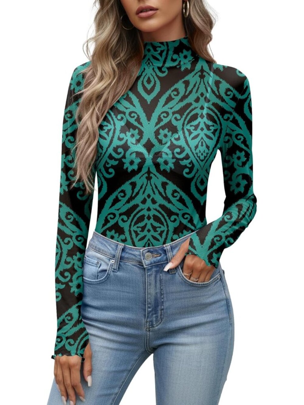 Women's Green Polyester Mesh Top Blouse Party Clubwear Long Sleeve Shirt
